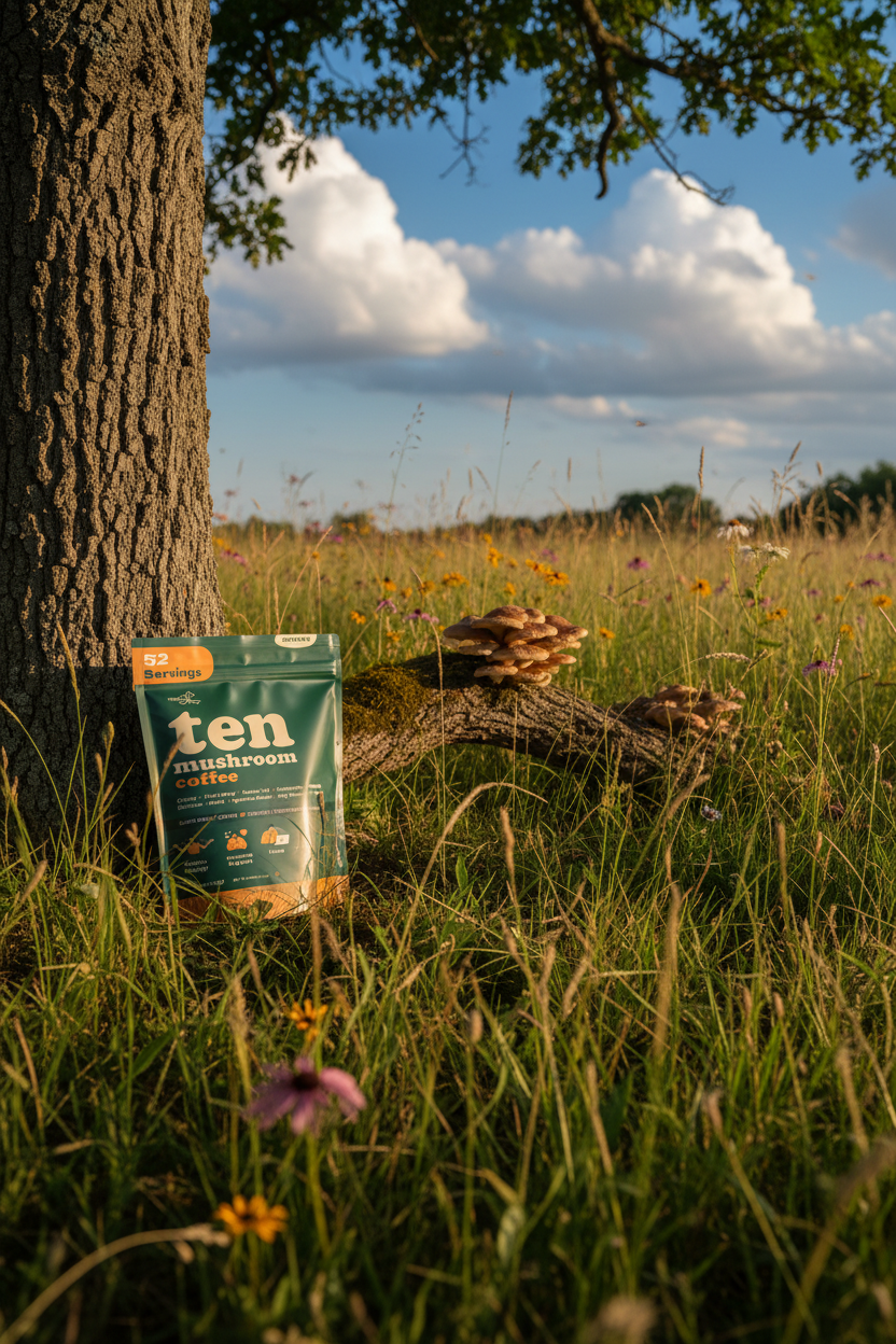 THREEE ten mushroom coffee bag leaning against an oak tree in a late August wildflower meadow — THREEE