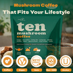 THREEE Ten Mushroom Coffee bag with Clean Energy, Immune Support, and Focus icons, next to a steaming mug of dark roast coffee