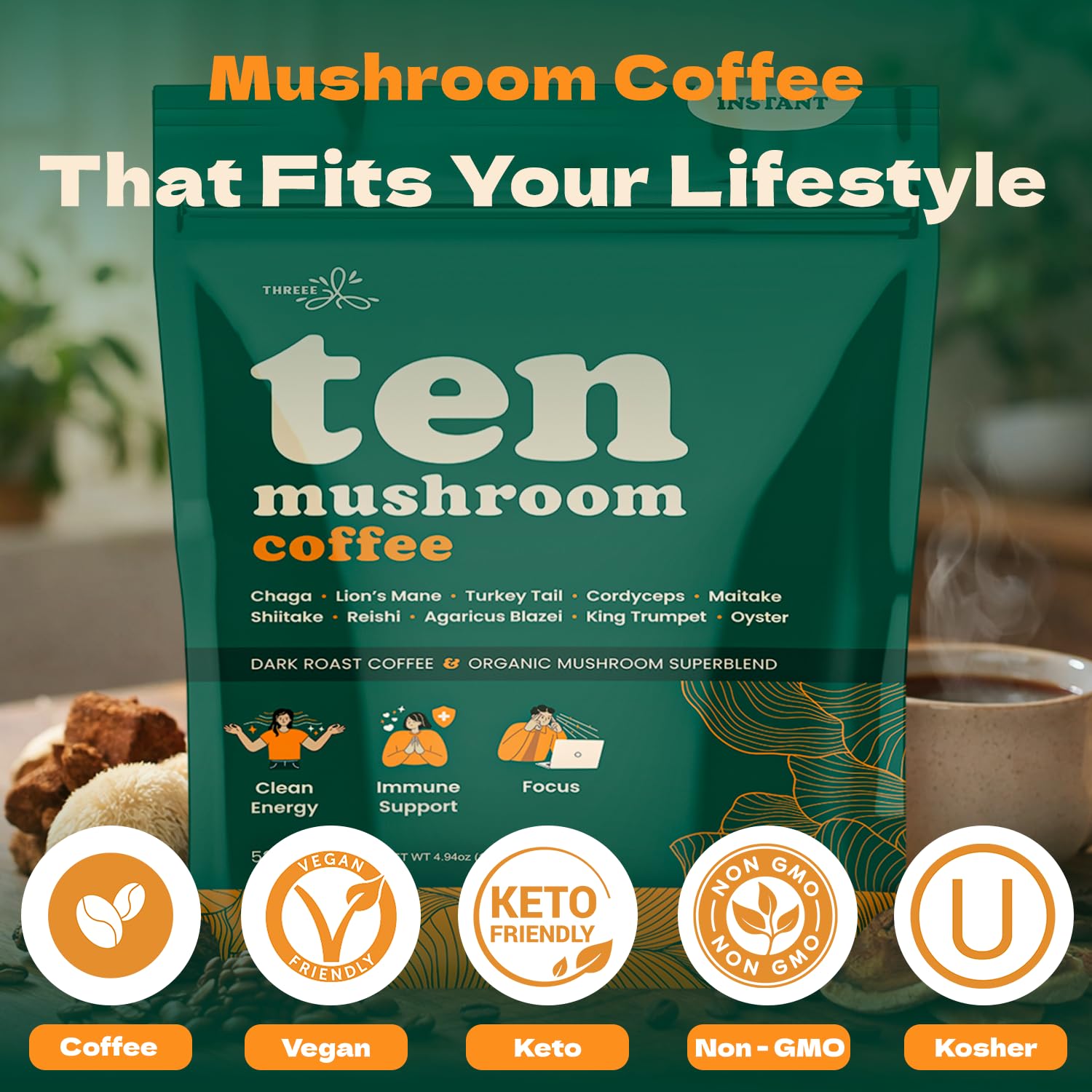 Ten Mushroom Coffee — Dark Roast Instant | THREEE