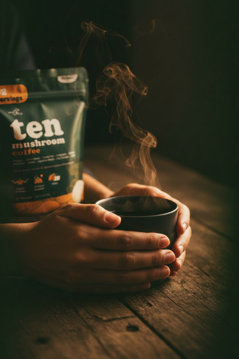 A cup of THREEE mushroom coffee held in both hands