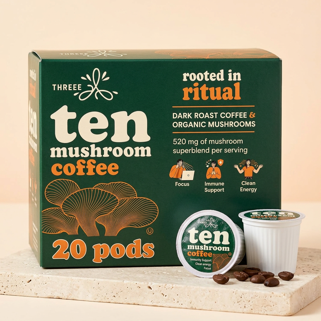 Dark roast coffee pod box with two white pods on travertine — THREEE coffee pods