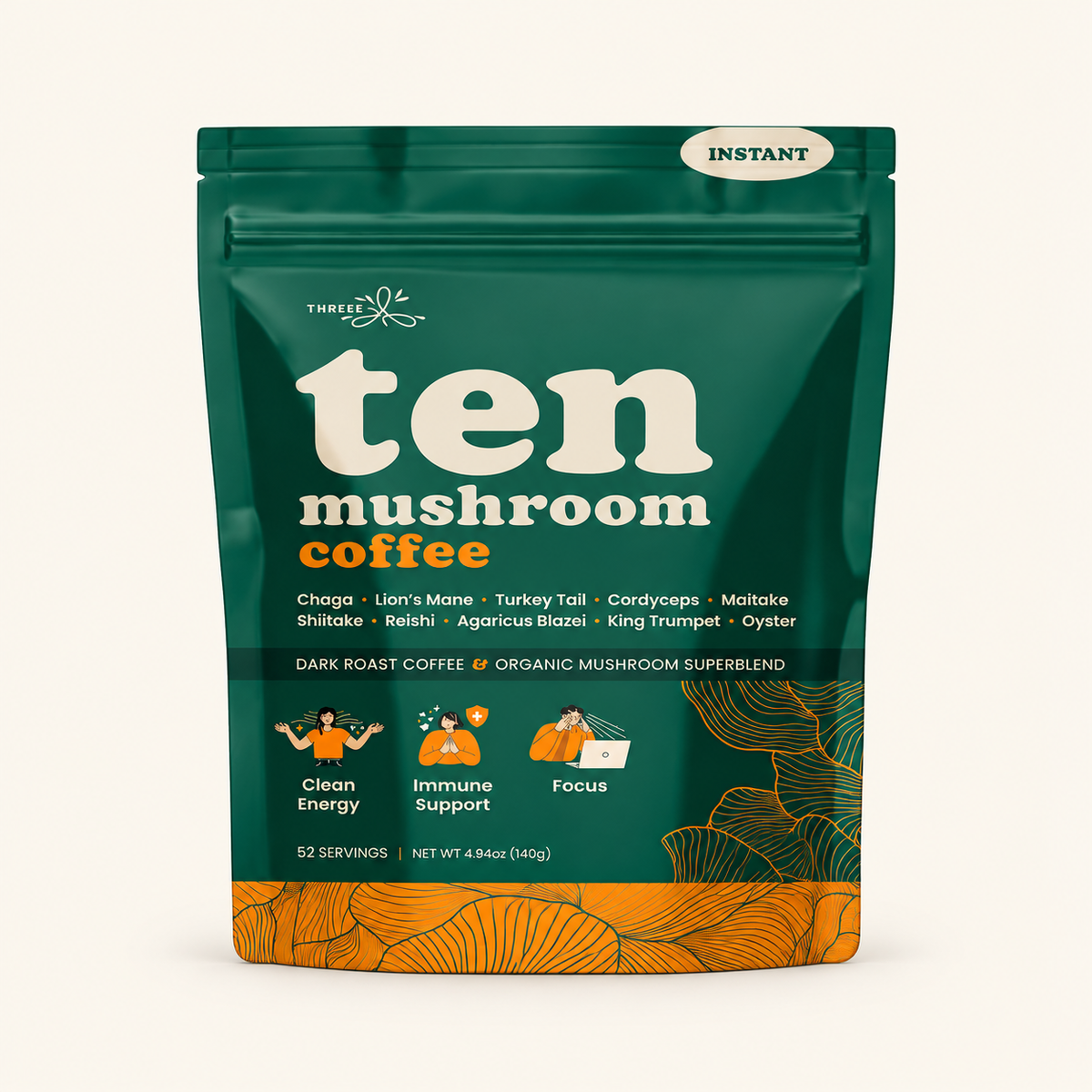 THREEE Ten Mushroom Coffee dark roast instant pouch on a light cream background