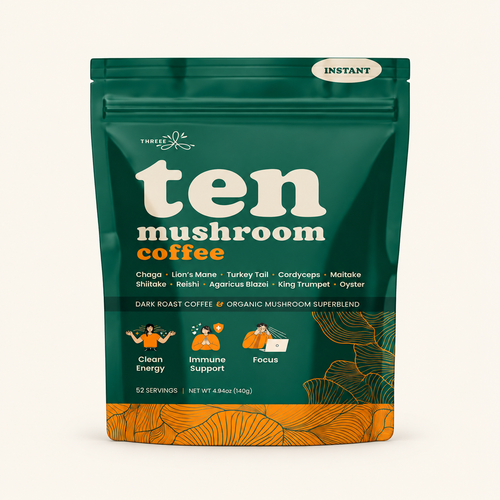 THREEE Ten Mushroom Coffee dark roast instant pouch on a light cream background